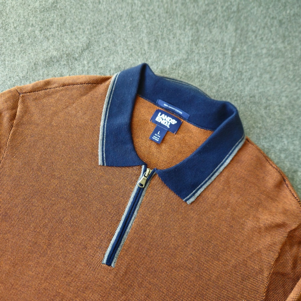 Lands End Mens Supima Cotton Quarter Zip Polo Sweater Orange Navy Large L 42-44